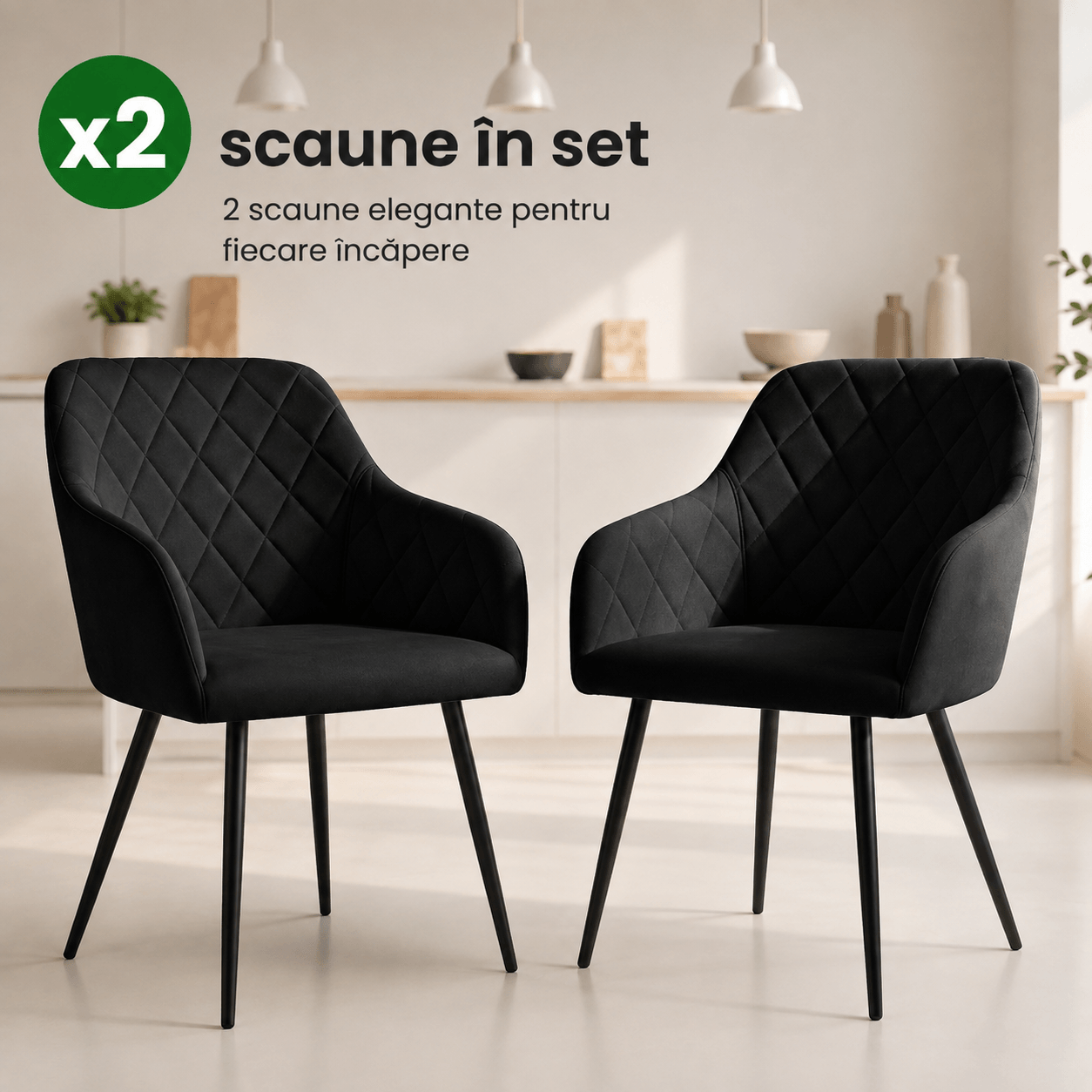 Set 2 scaune dining tapitate Velto, catifea, matlasate cu romburi, 52x58x82 cm, maxim 120 kg, negru — imaginea 10