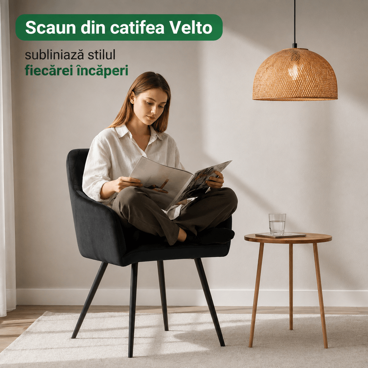 Set 2 scaune dining tapitate Velto, catifea, matlasate cu romburi, 52x58x82 cm, maxim 120 kg, negru — imaginea 11