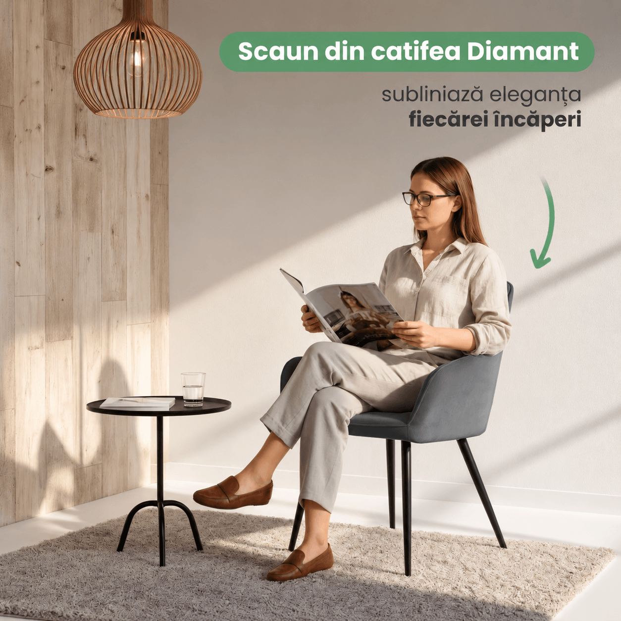 Set 2 scaune dining tapitate din catifea Diamante, 55x58x83 cm, maxim 120 kg, gri grafit — imaginea 10