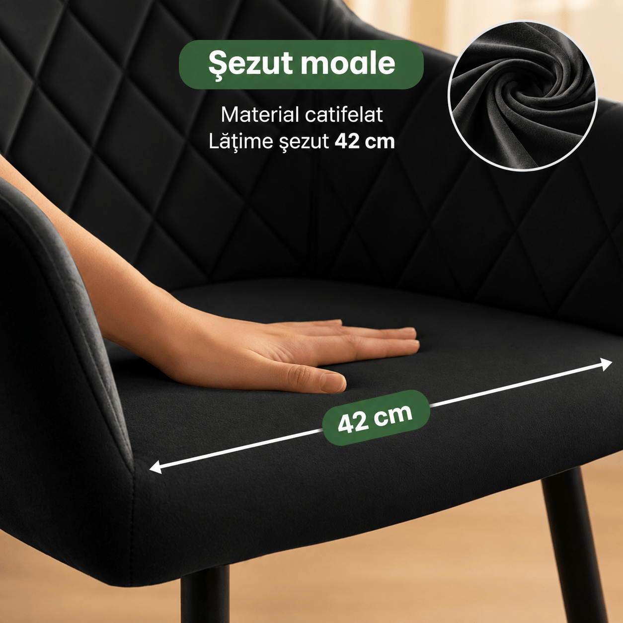 Set 2 scaune dining tapitate Velto, catifea, matlasate cu romburi, 52x58x82 cm, maxim 120 kg, negru — imaginea 12