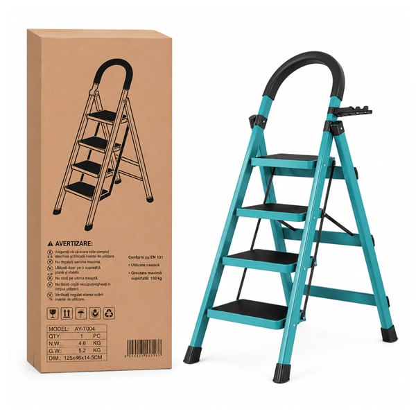 Scara pliabila metalica 4 trepte, DEPOX®, antiderapanta, compacta, albastru, 127 cm — imaginea 2