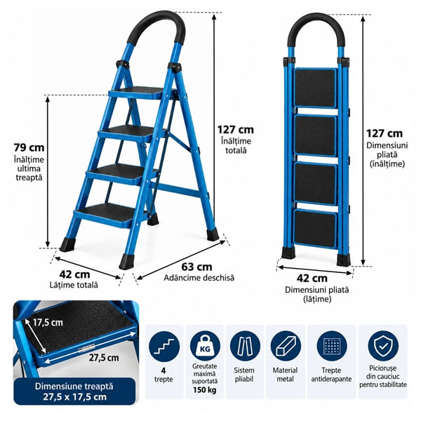 Scara pliabila metalica 4 trepte, DEPOX®, antiderapanta, compacta, albastru, 127 cm — imaginea 4