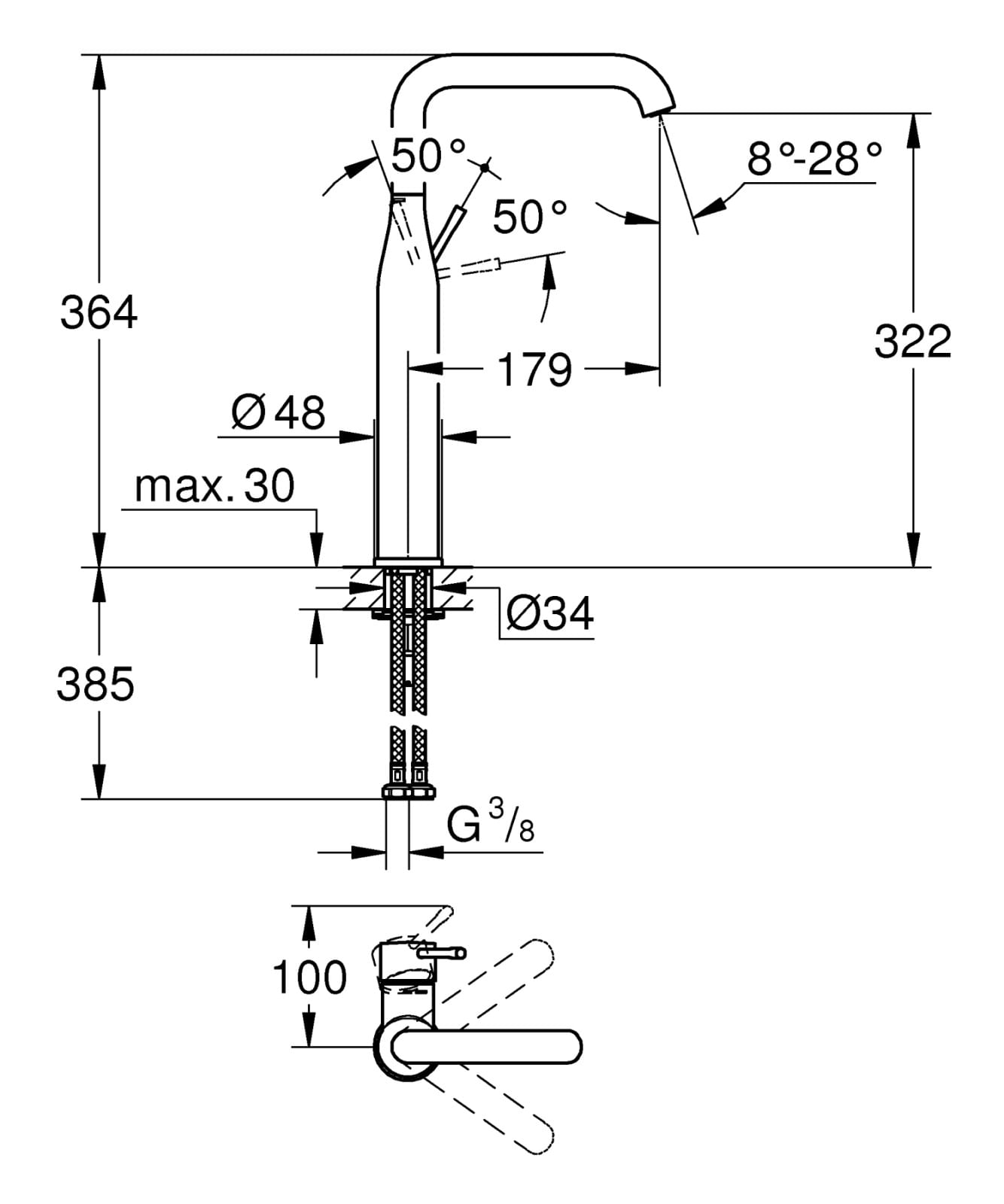 Baterie lavoar Grohe 32901A01, Essence, 3/8'', XL, 364 mm, lucios, grafit — imaginea 4