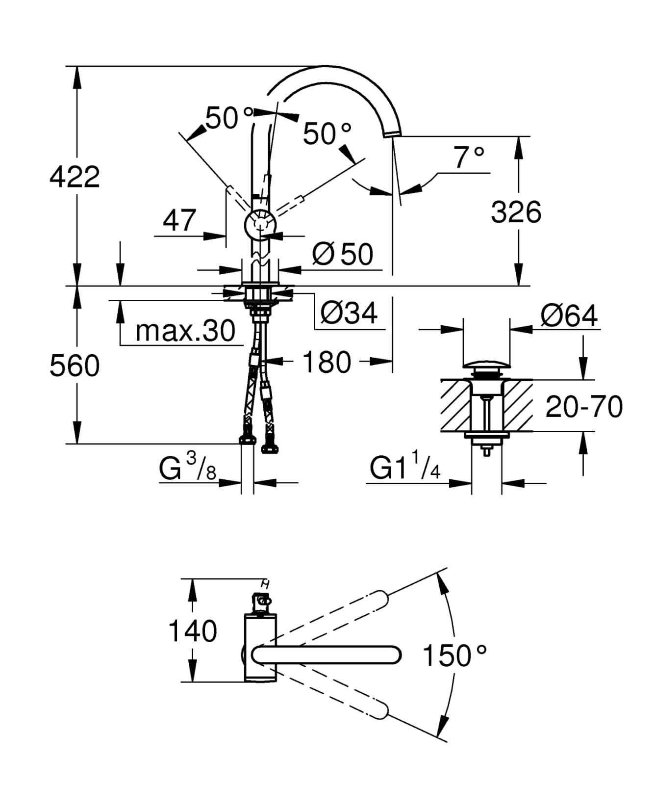 Baterie lavoar Grohe 32647AL3, Atrio, 3/8'', marimea XL, pivotanta, ventil push to open, mat, grafit — imaginea 3