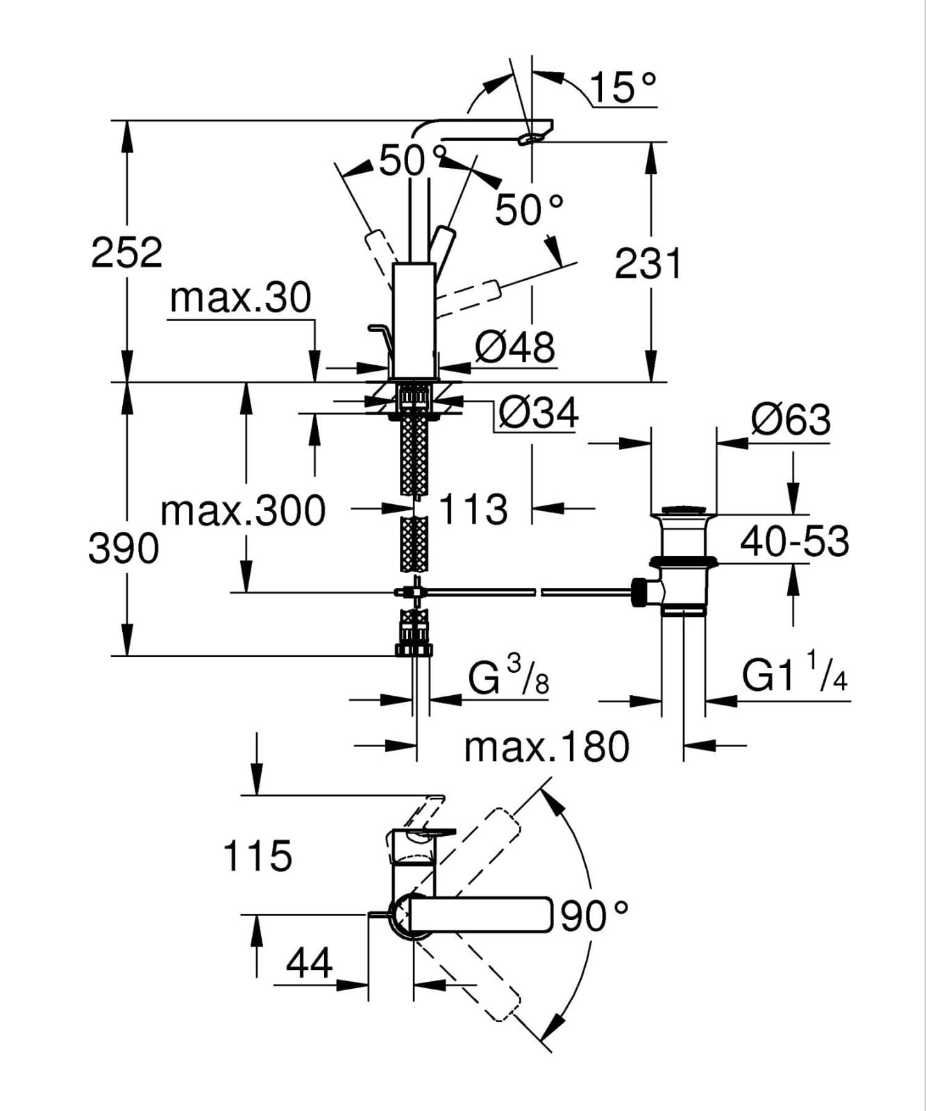Baterie lavoar Grohe 23296DL1, Lineare, L, 252 mm, ventil, mat, cupru — imaginea 12