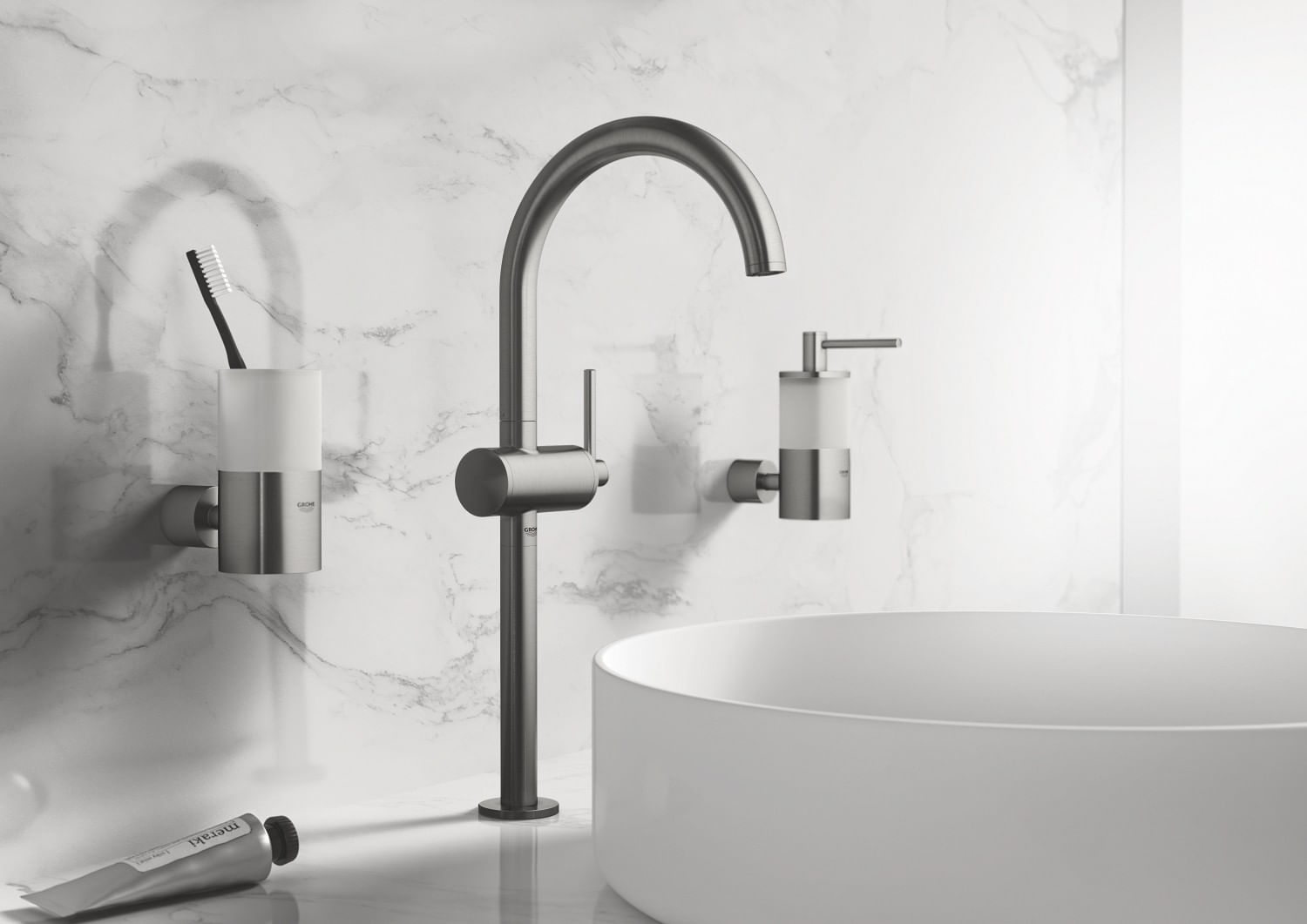 Baterie lavoar Grohe 32647AL3, Atrio, 3/8'', marimea XL, pivotanta, ventil push to open, mat, grafit — imaginea 4