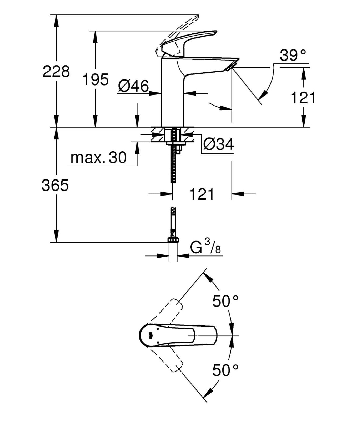 Baterie lavoar Grohe 233242433, 28 mm, 5 l/min, 0.8 bar, 35 mm, 195 mm, 121 mm, 365 mm, 1 orificii instalare, Negru — imaginea 3