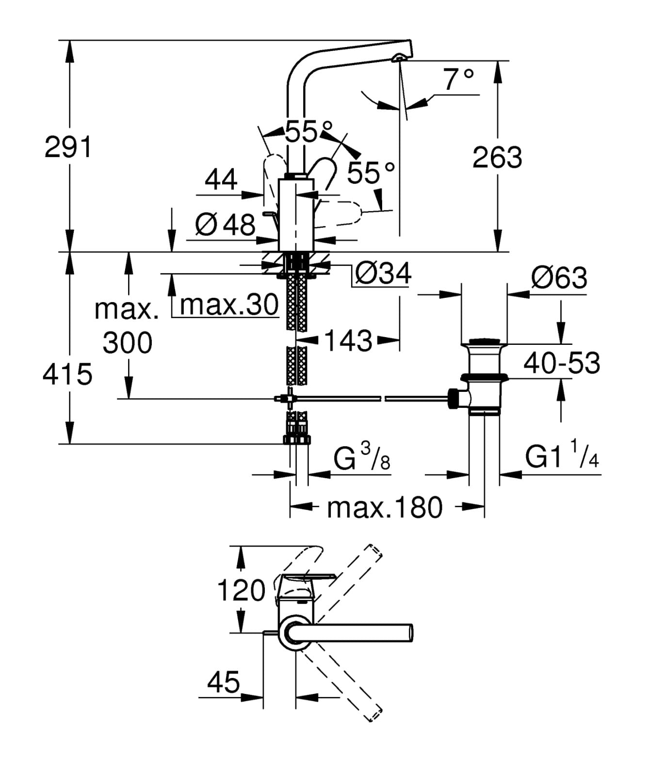 Baterie lavoar Grohe 23054003, 1 bar, 35 mm, 291 mm, 143 mm, 415 mm, 1 orificii instalare, 3/8 dimensiune racord, Crom — imaginea 2