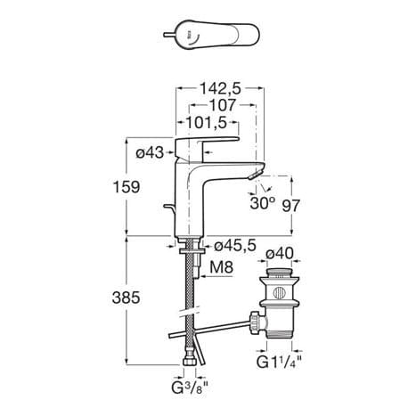 Baterie lavoar Roca A5A334FC00, 28 mm, 5 l/min, 0.5 bar, 35 mm, 159 mm, 142 mm, 385 mm, 1 orificii instalare, Crom — imaginea 3