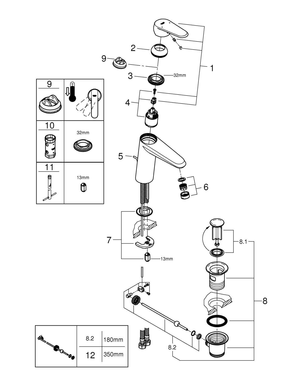 Baterie lavoar Grohe 23448002, 35 mm, 1 bar, 184 mm, 142 mm, 505 mm, 1 orificii instalare, 3/8 dimensiune racord, Crom — imaginea 2