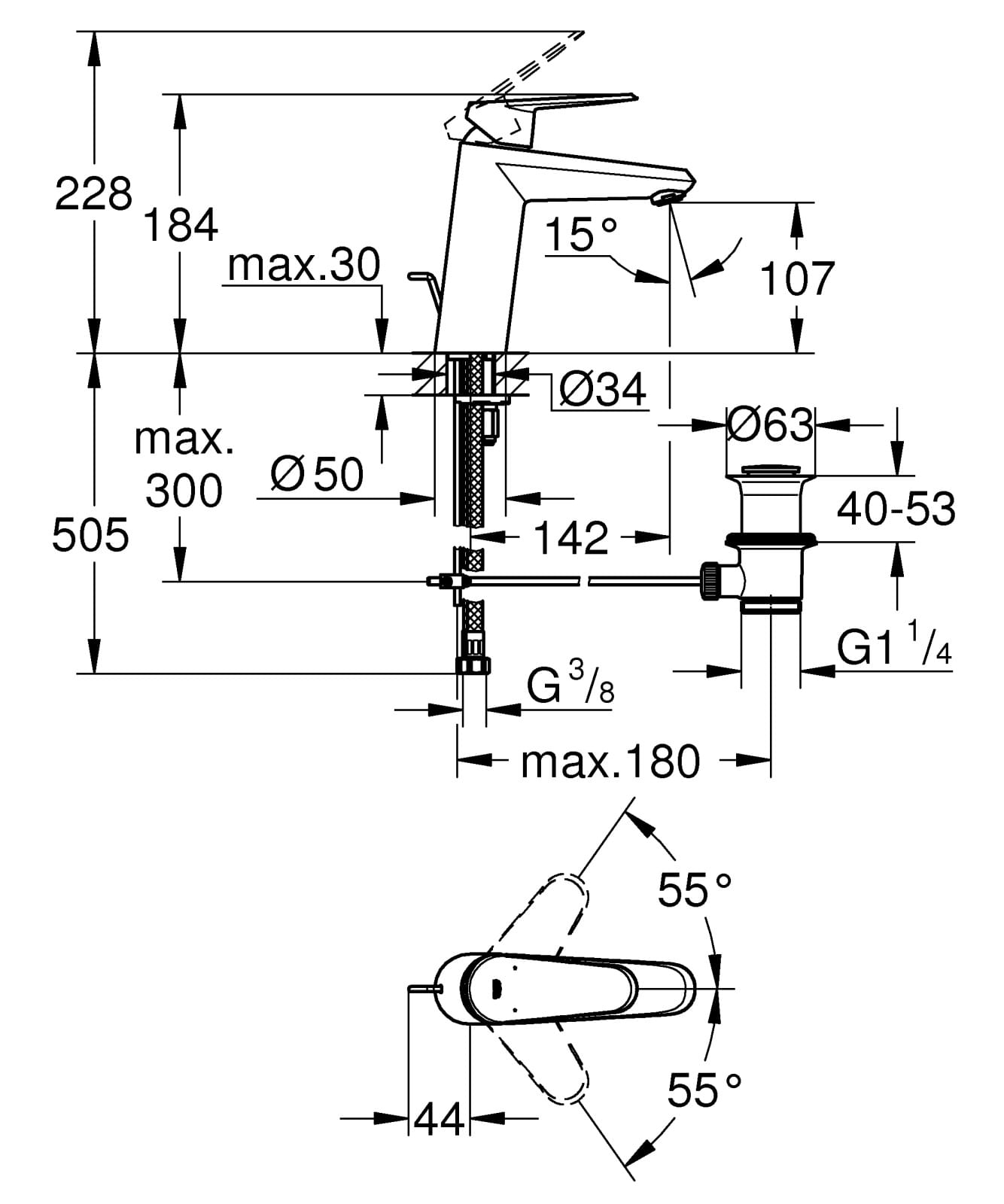 Baterie lavoar Grohe 23448002, 35 mm, 1 bar, 184 mm, 142 mm, 505 mm, 1 orificii instalare, 3/8 dimensiune racord, Crom — imaginea 3