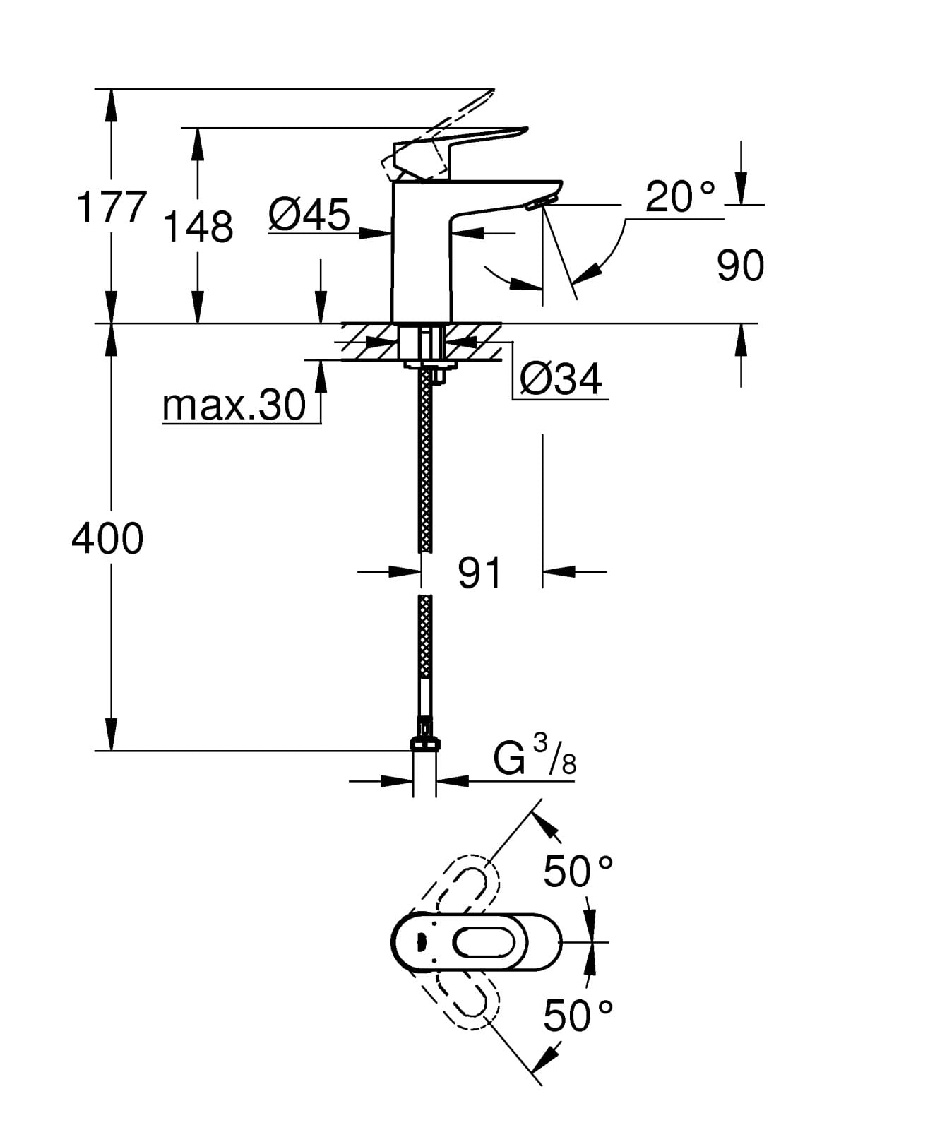 Baterie lavoar Grohe 23337000, 28 mm, 1 bar, 35 mm, 148 mm, 91 mm, 400 mm, 1 orificii instalare, Crom — imaginea 2