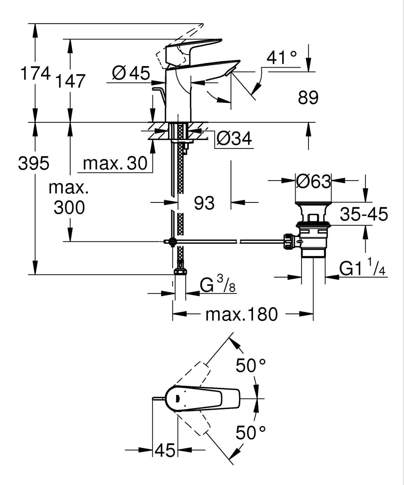 Baterie lavoar Grohe 233422431, 28 mm, 5 l/min, 0.7 bar, 34 mm, 147 mm, 93 mm, 395 mm, 1 orificii instalare, Negru — imaginea 4