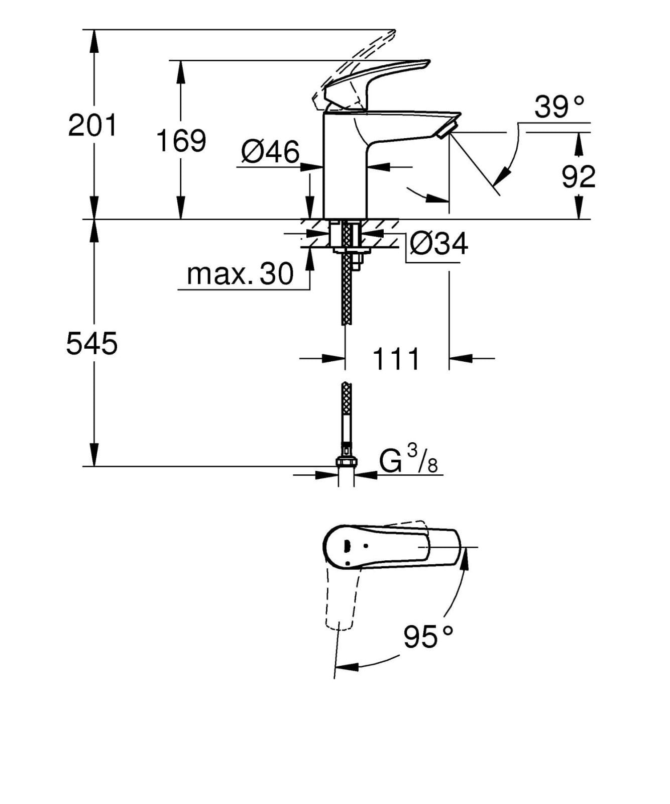 Baterie lavoar Grohe 23974003, 28 mm, 5 l/min, 0.8 bar, 35 mm, 169 mm, 109 mm, 395 mm, 1 orificii instalare, Crom — imaginea 8