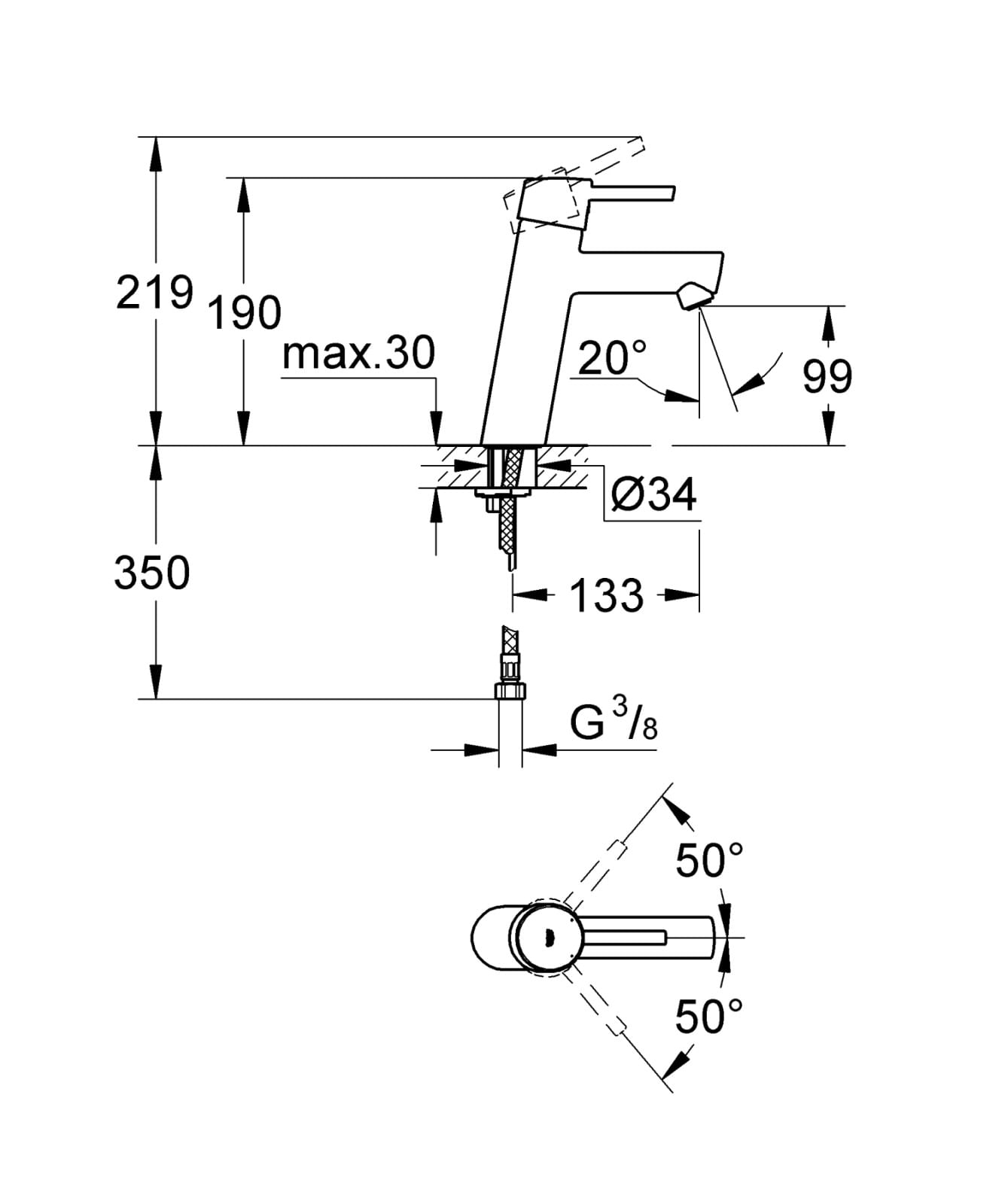 Baterie lavoar Grohe 23451001, 28 mm, 5.7 l/min, 0.3 bar, 35 mm, 190 mm, 133 mm, 485 mm, 1 orificii instalare, Crom — imaginea 3