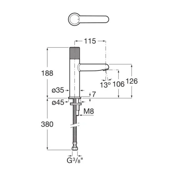 Baterie lavoar Roca A5A3B3FC00, 28 mm, 5 l/min, 0.5 bar, 35 mm, 188 mm, 115 mm, 380 mm, 1 orificii instalare, Crom — imaginea 2