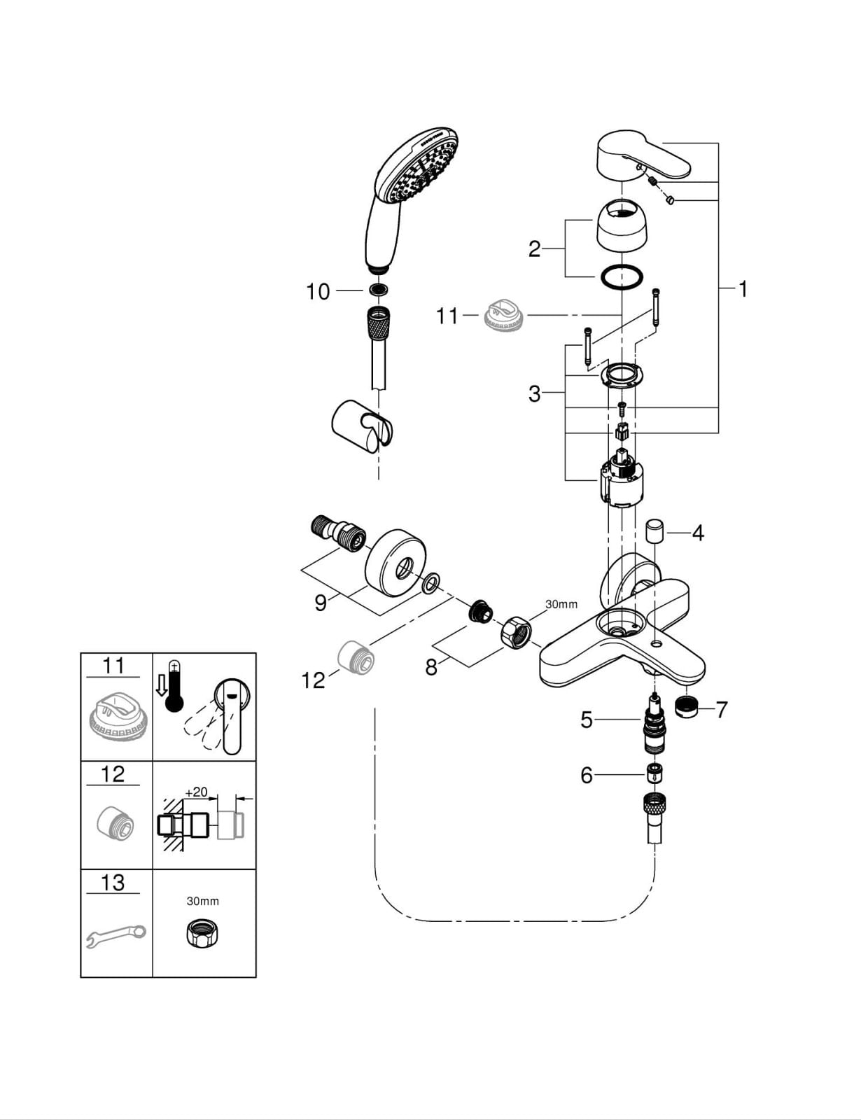 Baterie cada Grohe 25275002, 1 bar, 110 mm, 1.5 m, 225 mm, 173 mm, 44 mm, 2 orificii instalare, Crom — imaginea 2