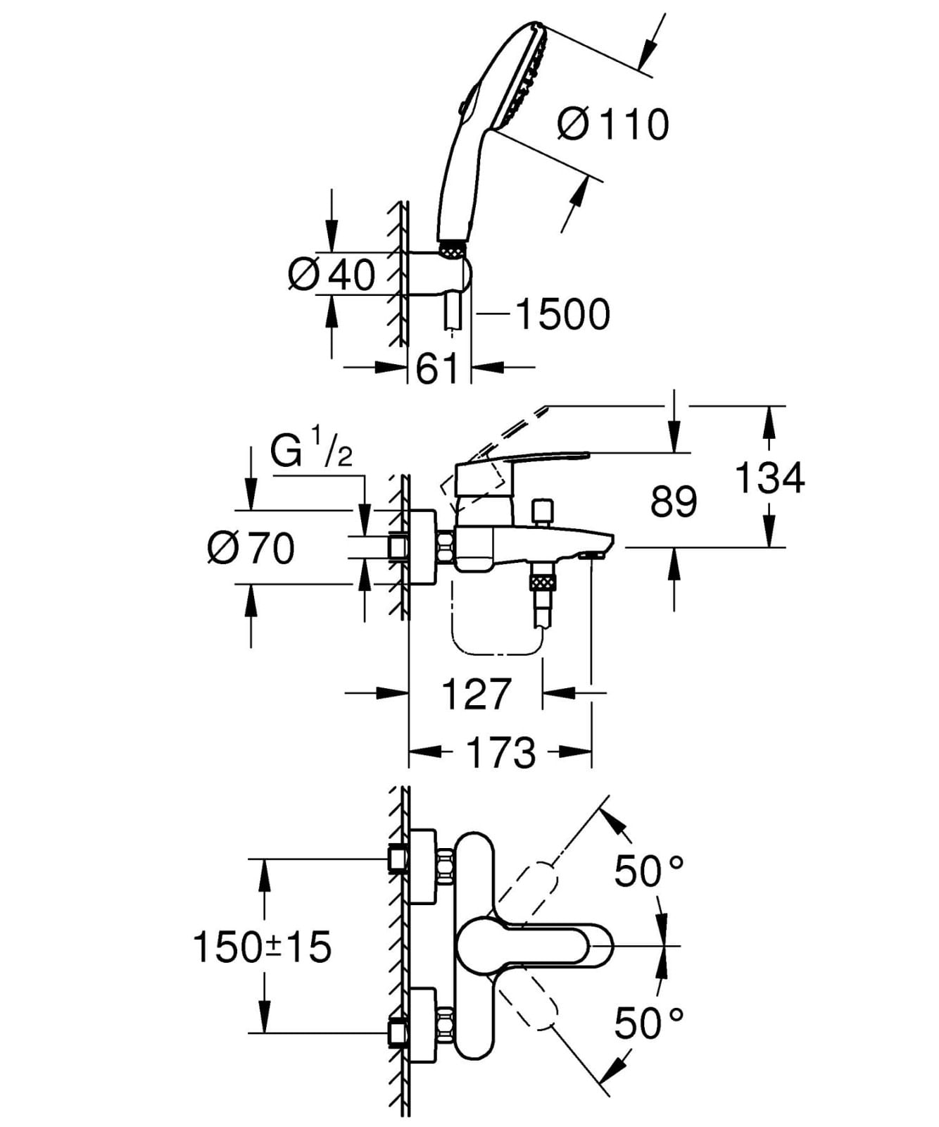 Baterie cada Grohe 25275002, 1 bar, 110 mm, 1.5 m, 225 mm, 173 mm, 44 mm, 2 orificii instalare, Crom — imaginea 3