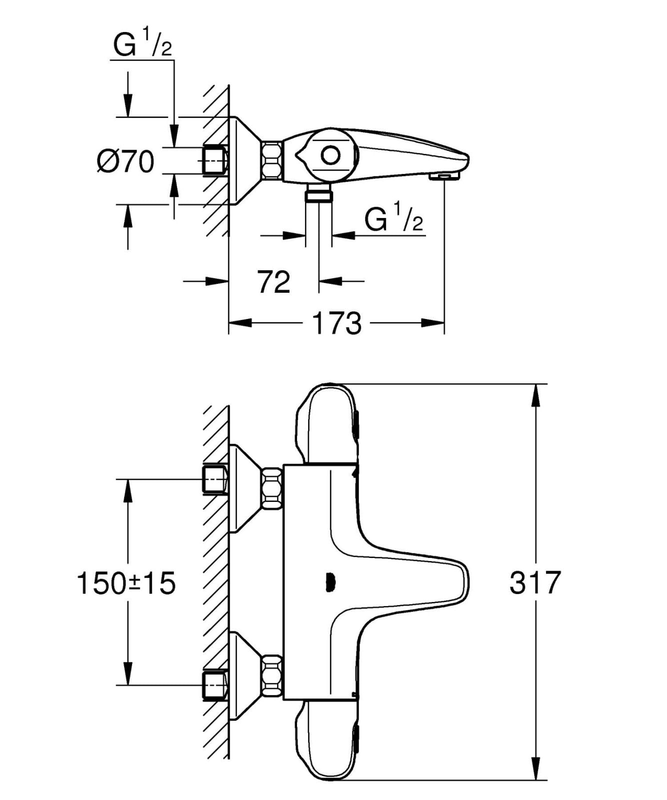 Baterie cada Grohe 34816003, 1 bar, 317 mm, 173 mm, 101 mm, 2 orificii instalare, 1/2 dimensiune racord, Crom — imaginea 4
