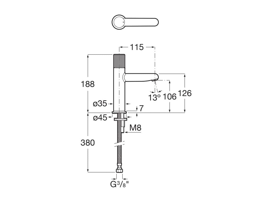 Baterie lavoar Roca A5A3B3FP30, 28 mm, 5 l/min, 0.5 bar, 35 mm, 188 mm, 115 mm, 380 mm, 1 orificii instalare, Alb — imaginea 3