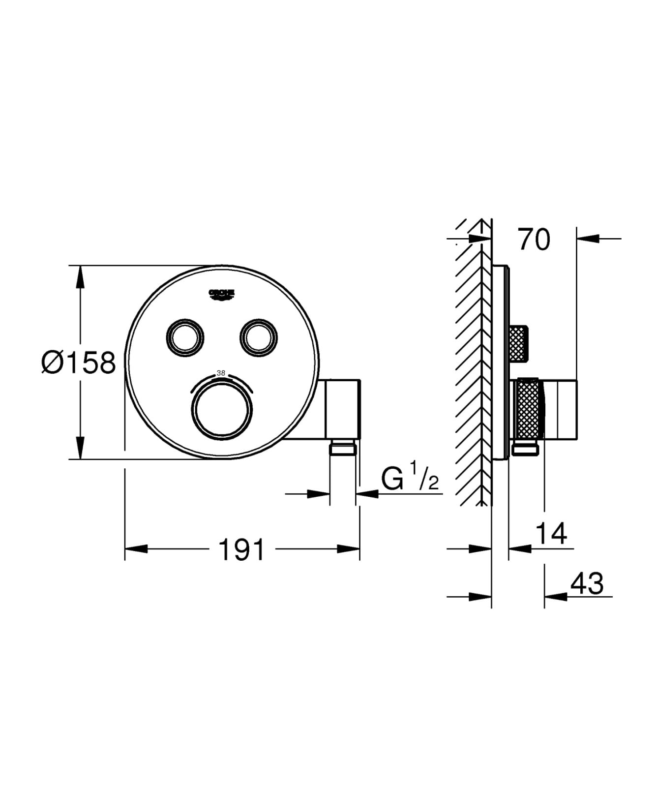 Unitate control Grohe 29120000, 1.2 bar, 158 mm, 181 mm, 14 mm, 2 iesiri, 1 functii palarie dus, Crom — imaginea 3