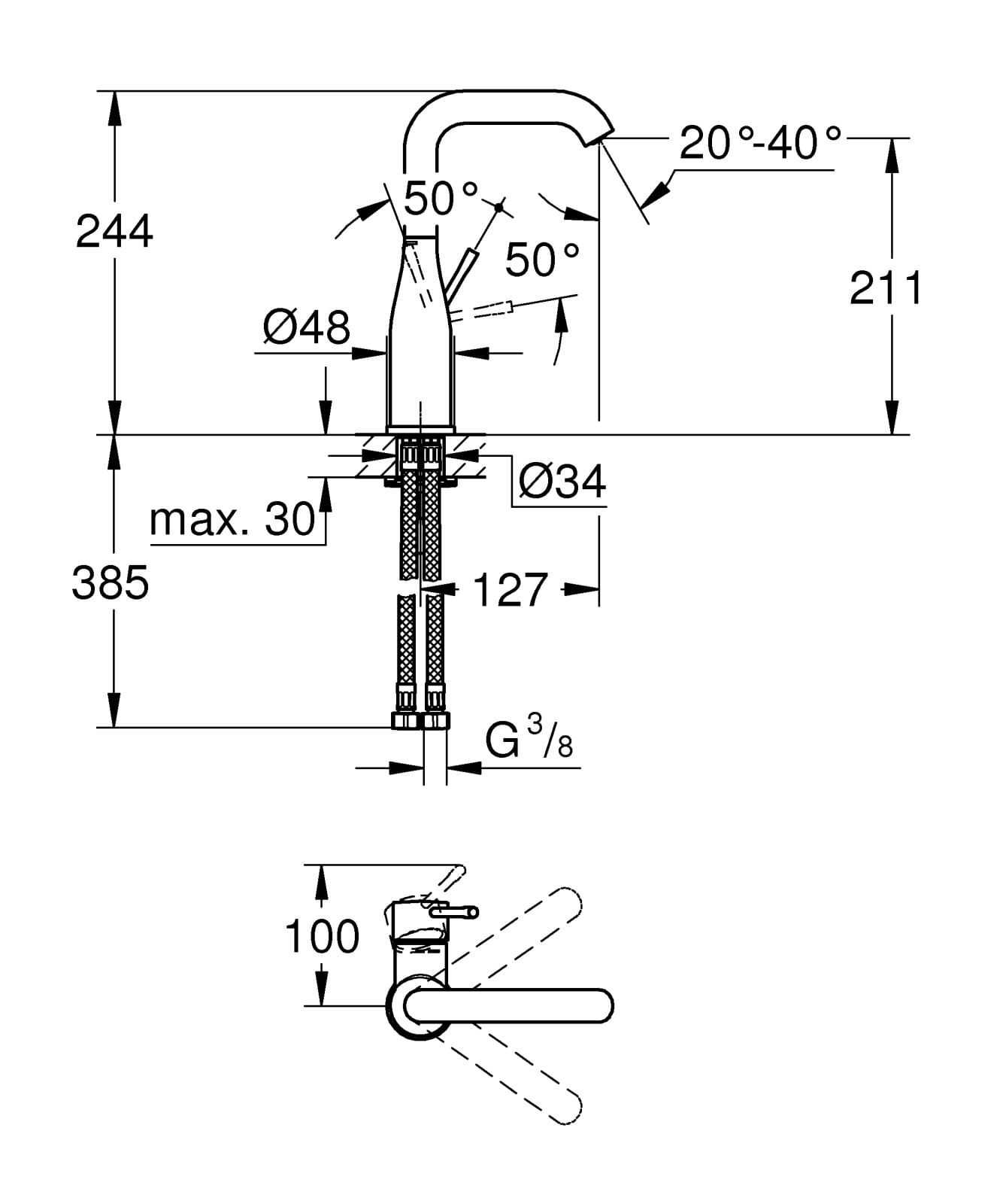 Baterie lavoar Grohe 23541001, 28 mm, 1 bar, 35 mm, 244 mm, 127 mm, 385 mm, 1 orificii instalare, Crom — imaginea 5