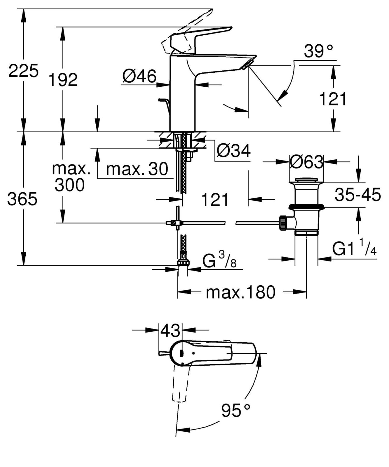 Baterie lavoar Grohe 235522432, 28 mm, 5.7 l/min, 0.6 bar, 35 mm, 192 mm, 121 mm, 365 mm, 1 orificii instalare, Negru — imaginea 4