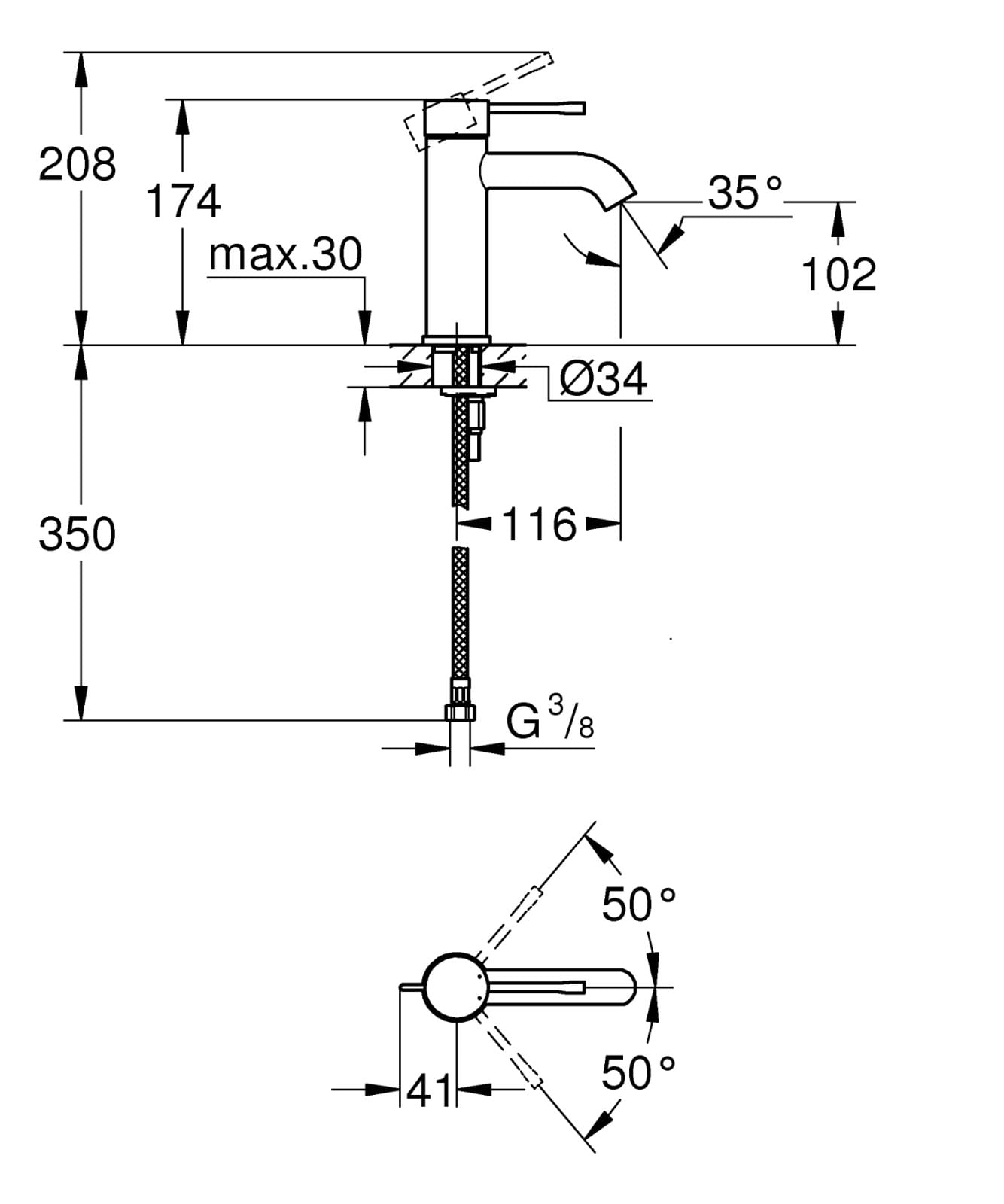 Baterie lavoar Grohe 23590001, 28 mm, 5.7 l/min, 0.3 bar, 35 mm, 174 mm, 116 mm, 360 mm, 1 orificii instalare, Crom — imaginea 6