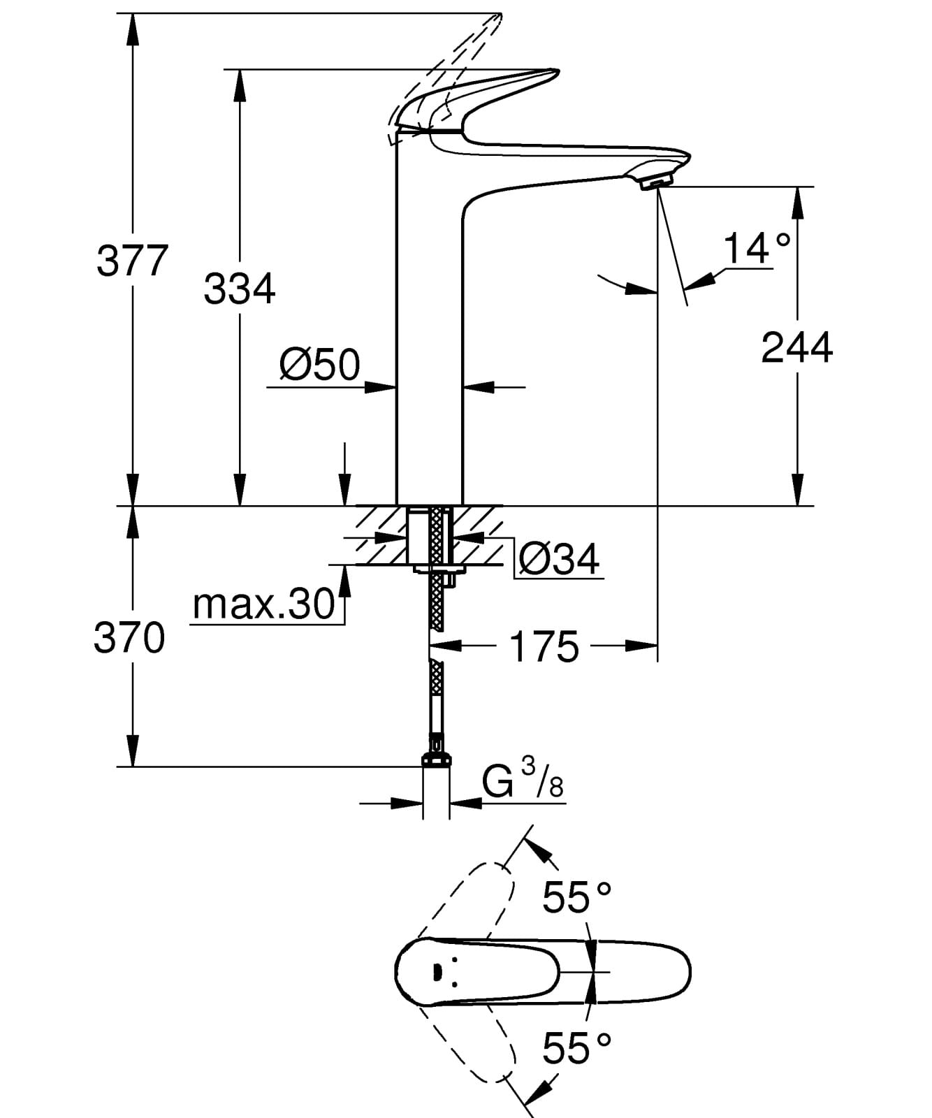 Baterie lavoar Grohe 23719003, 35 mm, 5.7 l/min, 1 bar, 334 mm, 175 mm, 2.25 kg, 370 mm, 1 orificii instalare, Crom — imaginea 2