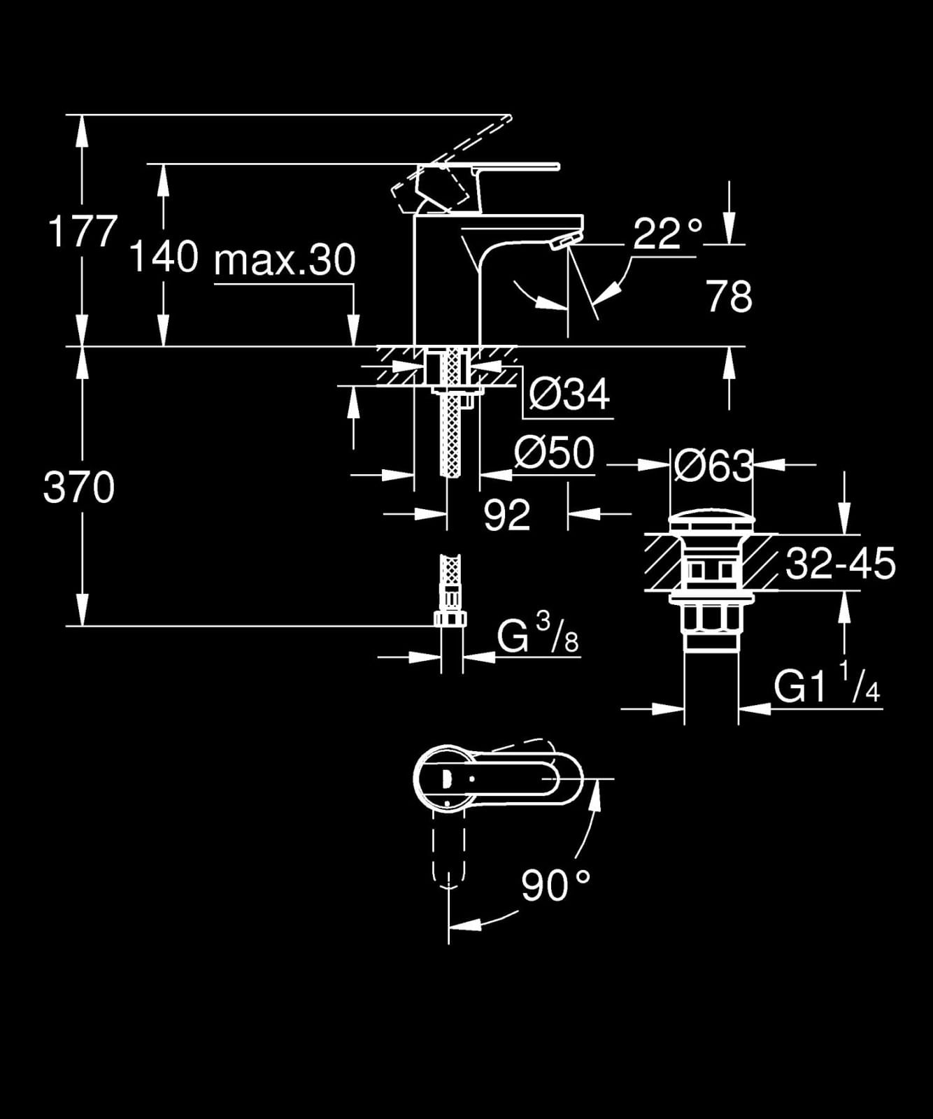 Baterie lavoar Grohe 235862430, 35 mm, 2.5 l/min, 0.7 bar, 34 mm, 140 mm, 92 mm, 370 mm, 1 orificii instalare, Negru — imaginea 6