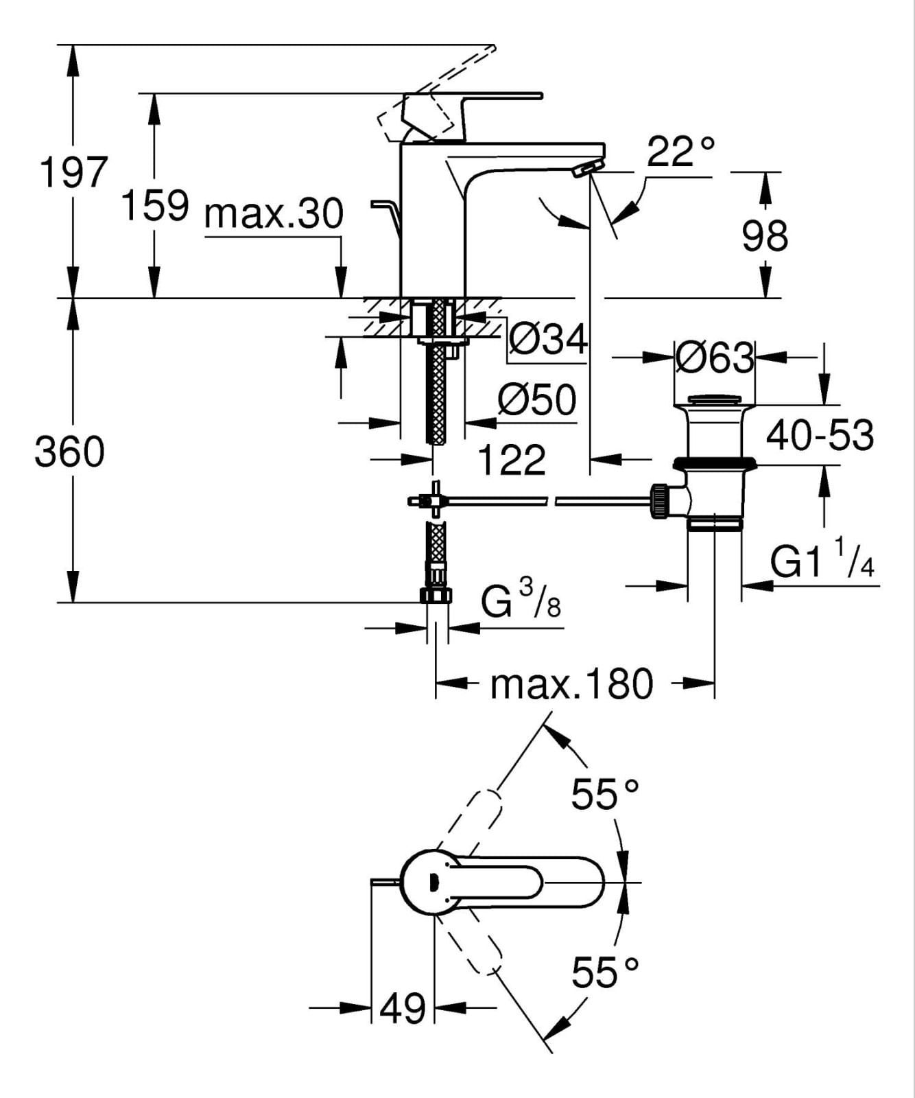 Baterie lavoar Grohe 234542430, 35 mm, 5 l/min, 0.7 bar, 34 mm, 159 mm, 122 mm, 360 mm, 1 orificii instalare, Negru — imaginea 5