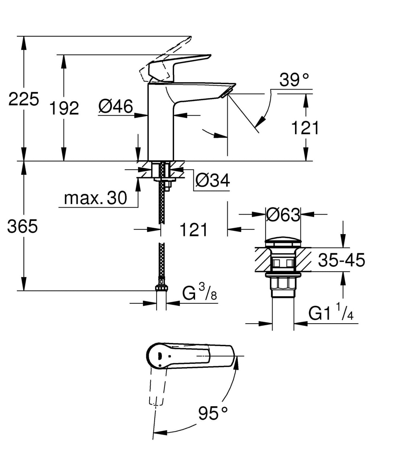 Baterie lavoar Grohe 237462432, 28 mm, 5.7 l/min, 0.8 bar, 35 mm, 192 mm, 121 mm, 370 mm, 1 orificii instalare, Negru — imaginea 3
