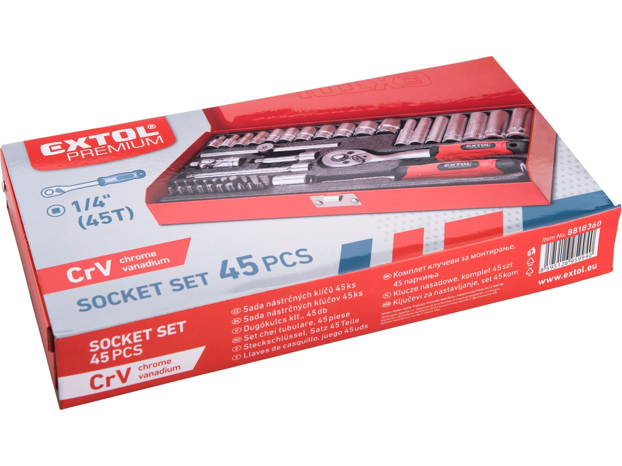 Set chei tubulare 45 de piese, EXTOL, 1/4", CrV, 8818360, PH1-2-3, T10-40 — imaginea 2
