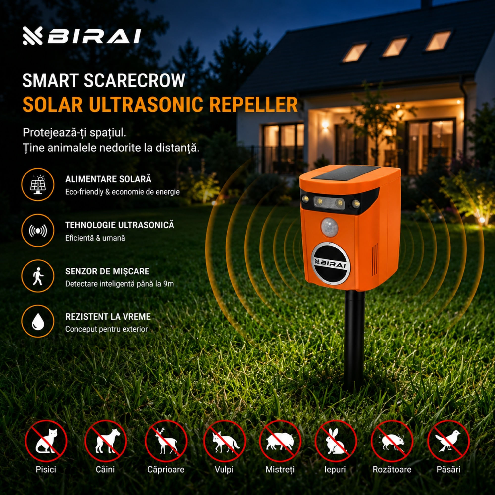 Aparat ultrasunete anti pisici, caini, vulpi si ursi Birai AR01 cu senzor de miscare 110° 2 moduri de functionare incarcare solara LED intermitent aco — imaginea 3