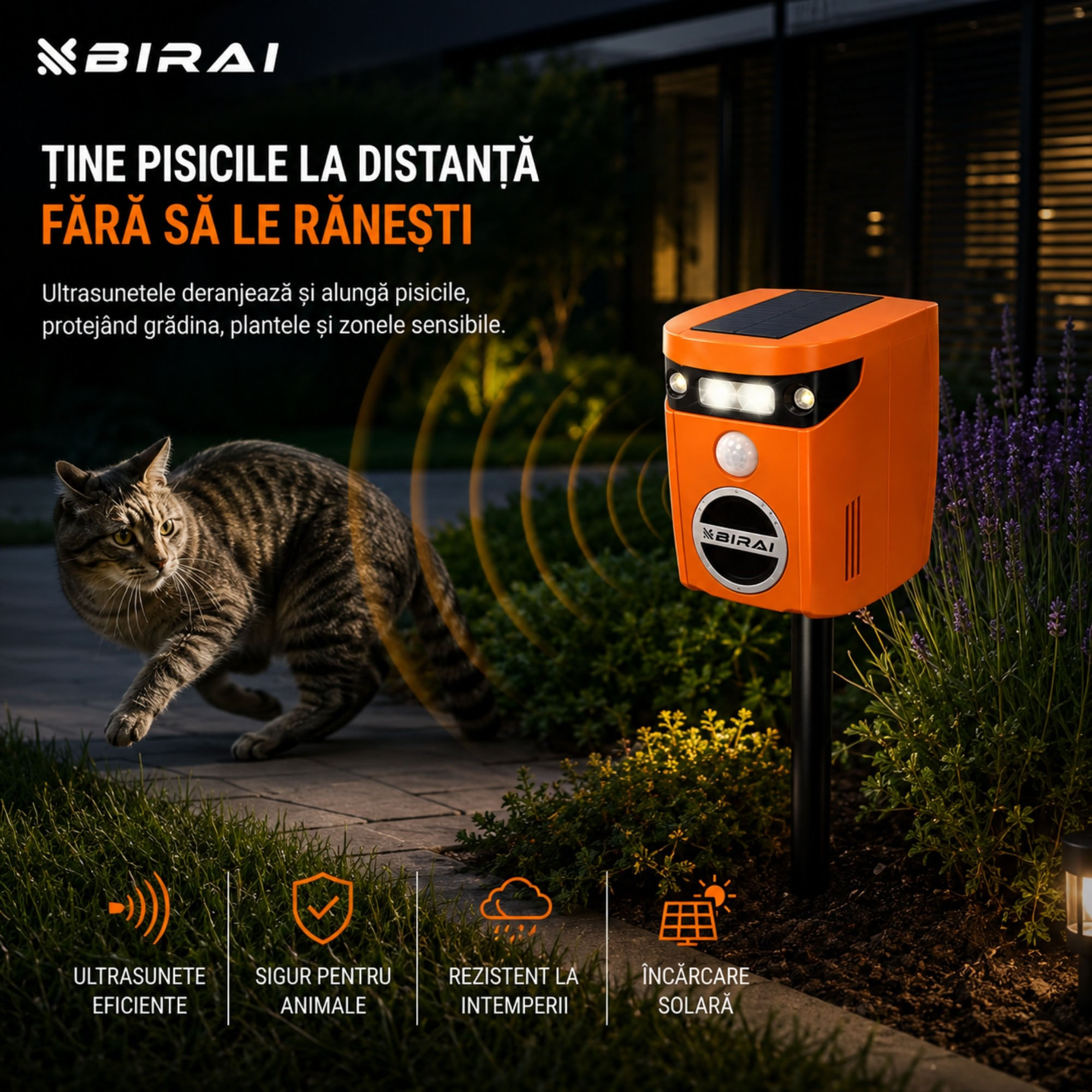 Aparat ultrasunete anti pisici, caini, vulpi si ursi Birai AR01 cu senzor de miscare 110° 2 moduri de functionare incarcare solara LED intermitent aco — imaginea 4