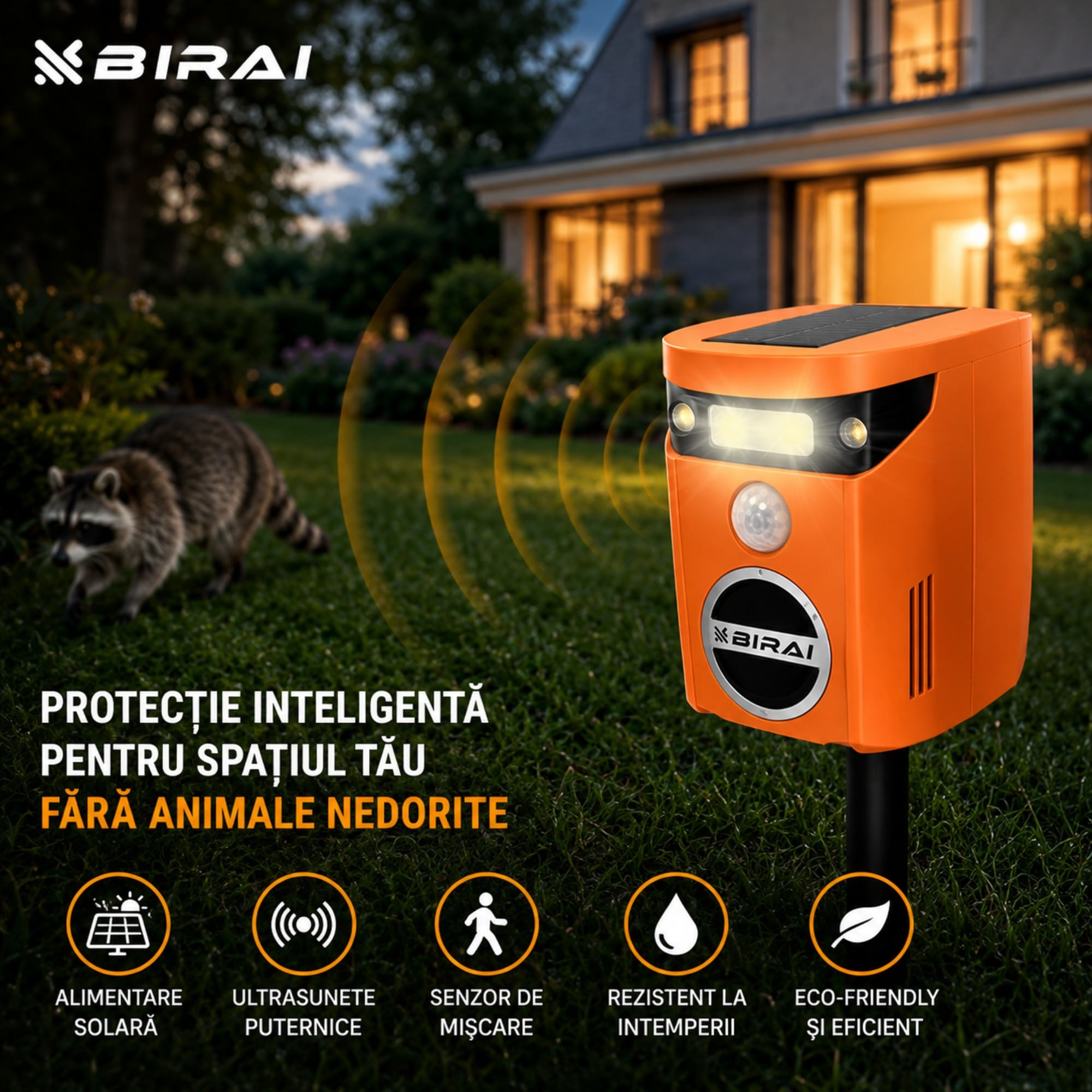 Aparat ultrasunete anti pisici, caini, vulpi si ursi Birai AR01 cu senzor de miscare 110° 2 moduri de functionare incarcare solara LED intermitent aco — imaginea 5