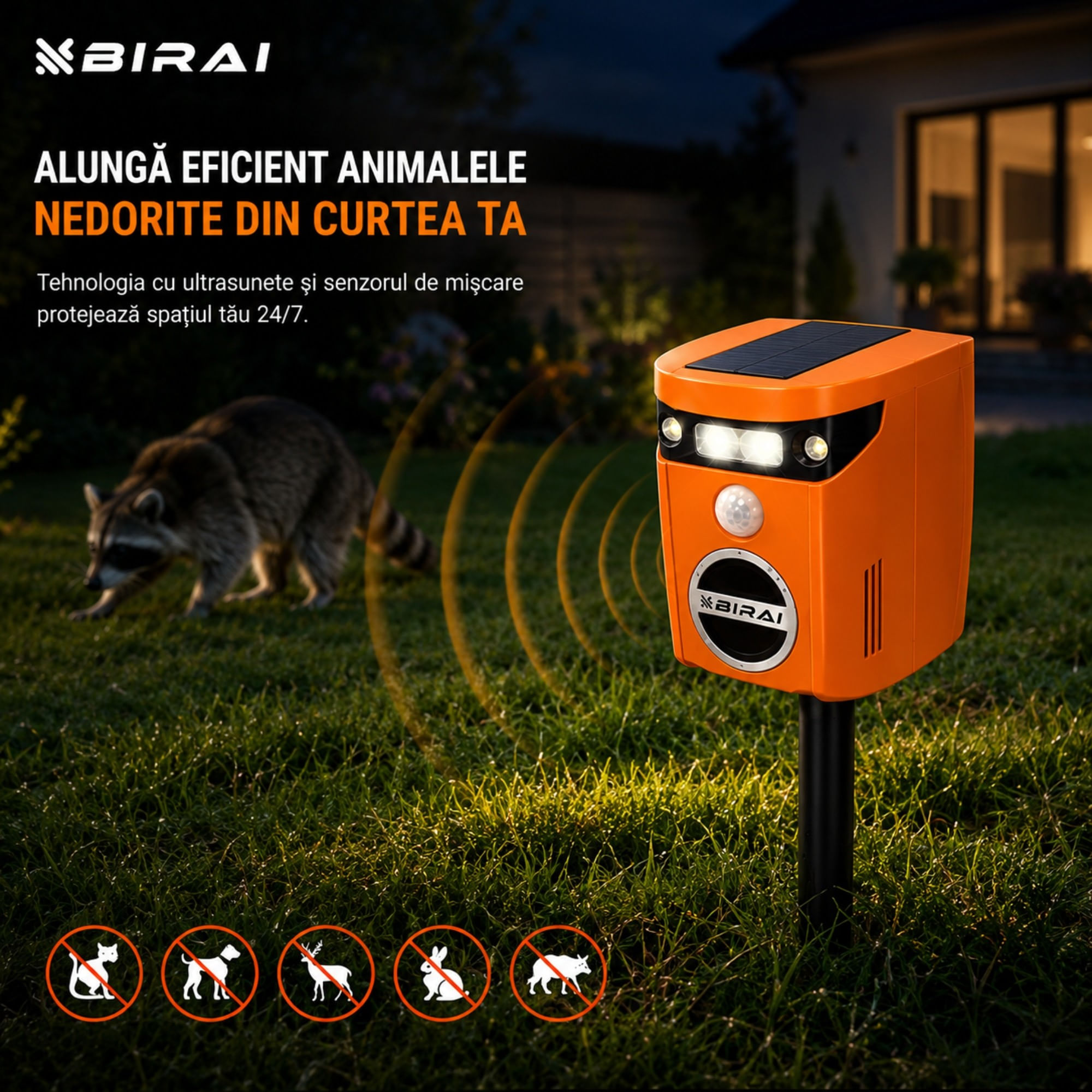 Aparat ultrasunete anti pisici, caini, vulpi si ursi Birai AR01 cu senzor de miscare 110° 2 moduri de functionare incarcare solara LED intermitent aco — imaginea 6