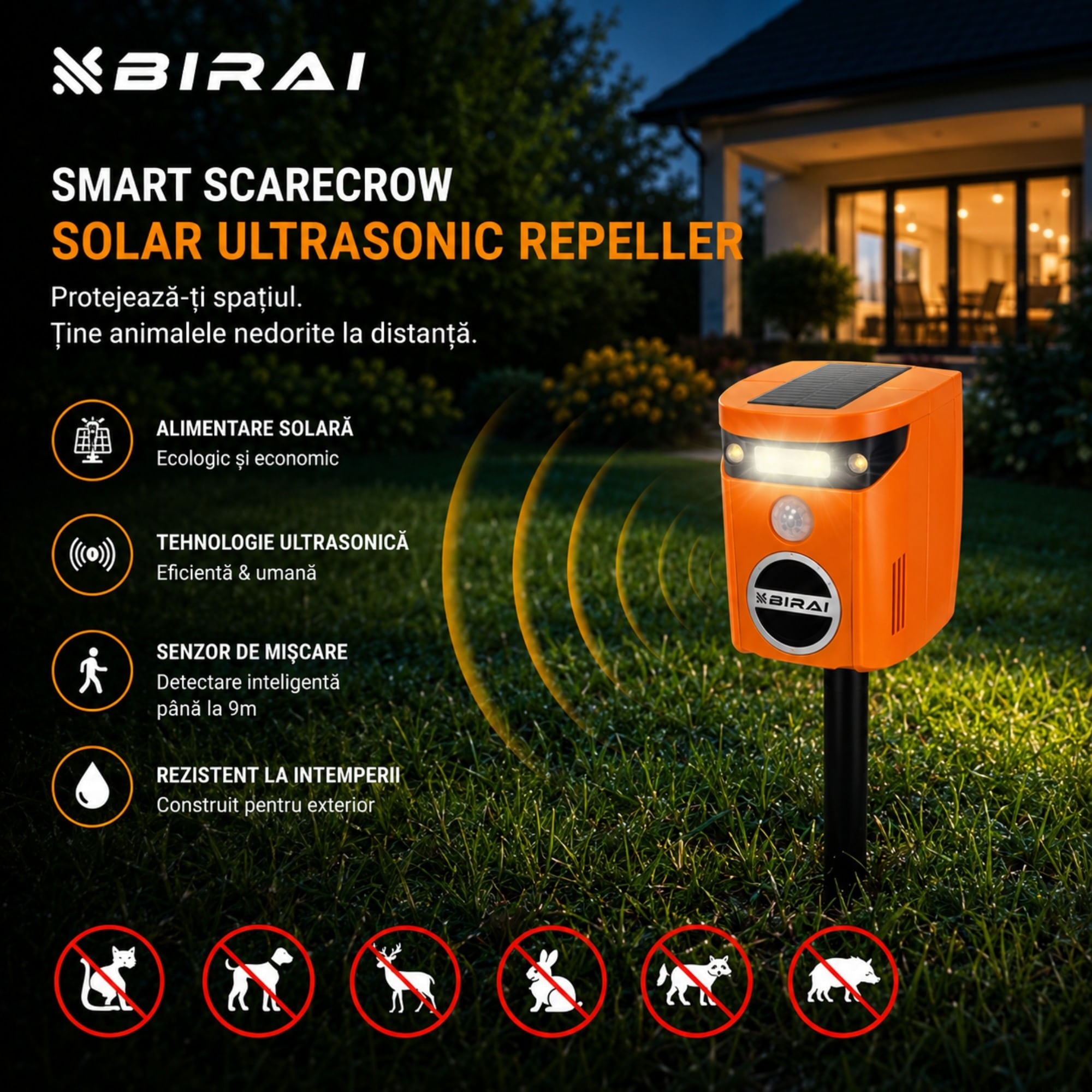 Aparat ultrasunete anti pisici, caini, vulpi si ursi Birai AR01 cu senzor de miscare 110° 2 moduri de functionare incarcare solara LED intermitent aco — imaginea 7
