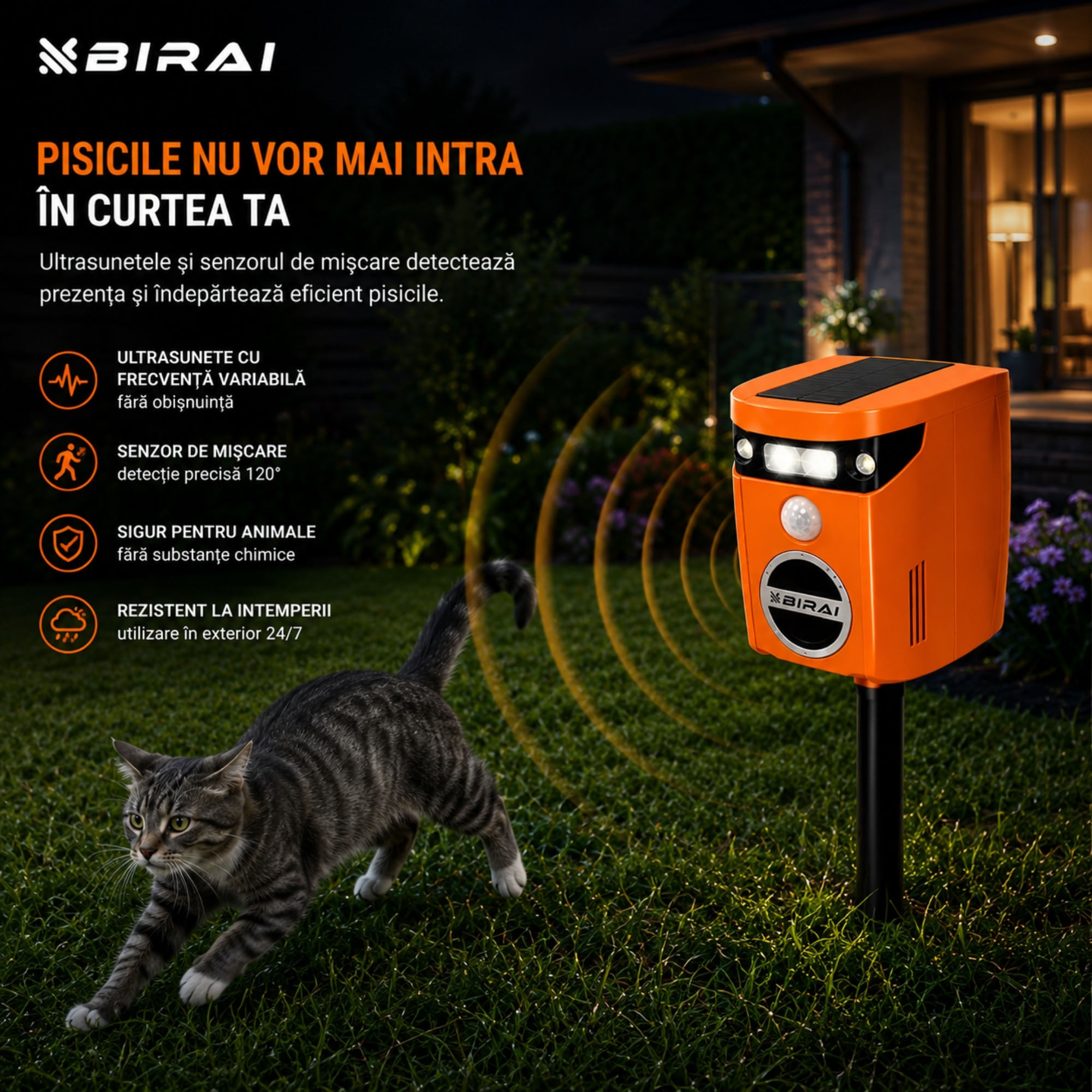 Aparat ultrasunete anti pisici, caini, vulpi si ursi Birai AR01 cu senzor de miscare 110° 2 moduri de functionare incarcare solara LED intermitent aco — imaginea 8