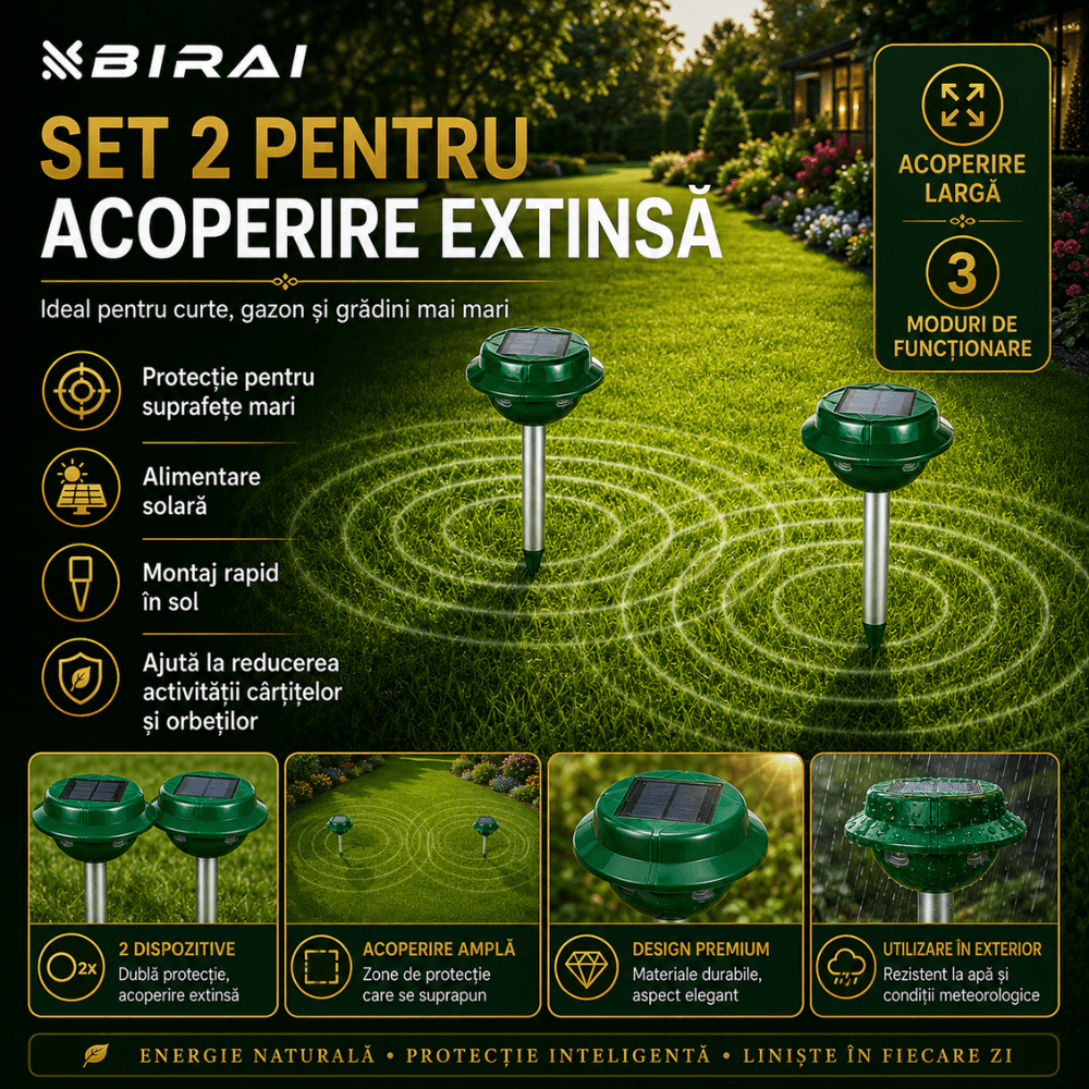 Set 2 Aparate Anti-Cartite Birai Vensmile, 3 Moduri, Acoperire 360°, Raza pana la 700 ㎡, Baterie 5v/120mA, Incarcare Solara, Vibratii, Impermeabil IP4 — imaginea 3