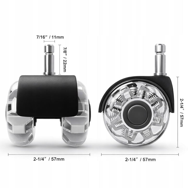 Set 5 Roti pentru Scaun de Birou NewEvo®, 57 mm, Poliuretan PU, Silentioase, Protectie Pardoseala, Pivotante 360°, Tija 11 mm, Negru — imaginea 2