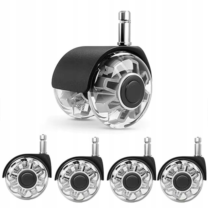 Set 5 Roti pentru Scaun de Birou NewEvo®, 57 mm, Poliuretan PU, Silentioase, Protectie Pardoseala, Pivotante 360°, Tija 11 mm, Negru — imaginea 3