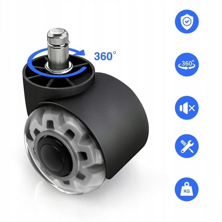 Set 5 Roti pentru Scaun de Birou NewEvo®, 57 mm, Poliuretan PU, Silentioase, Protectie Pardoseala, Pivotante 360°, Tija 11 mm, Negru — imaginea 4