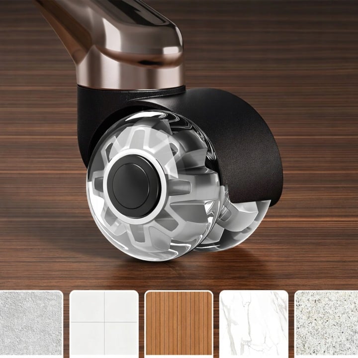 Set 5 Roti pentru Scaun de Birou NewEvo®, 57 mm, Poliuretan PU, Silentioase, Protectie Pardoseala, Pivotante 360°, Tija 11 mm, Negru — imaginea 6