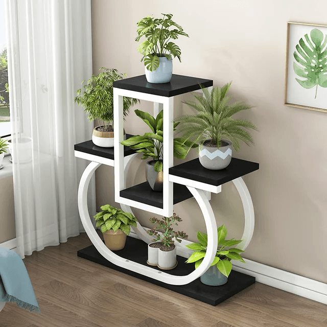 Suport flori HAWIRE SF-01, Design modern, Metal alb cu rafturi lemn, 3 niveluri, 72x65x24cm — imaginea 4