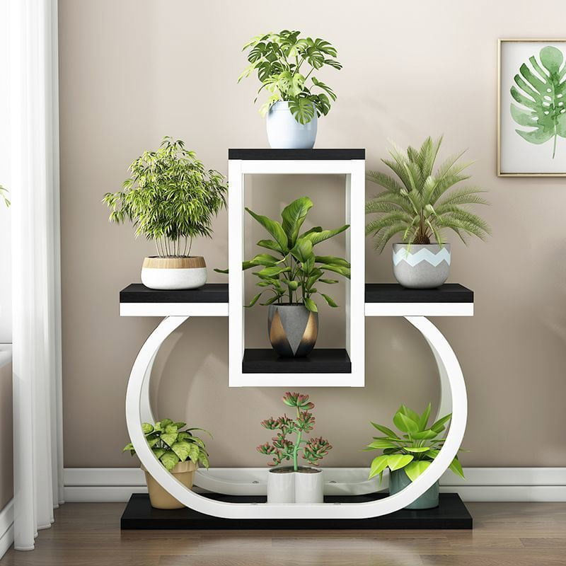 Suport flori HAWIRE SF-01, Design modern, Metal alb cu rafturi lemn, 3 niveluri, 72x65x24cm — imaginea 5