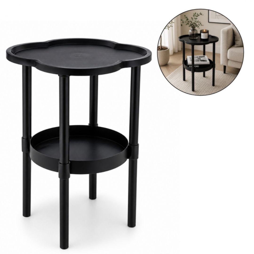 Masuta laterala cu 2 niveluri, blat in forma de trifoi, neagra, 37 x 37 x 46 cm, STL27CZ, eCarla