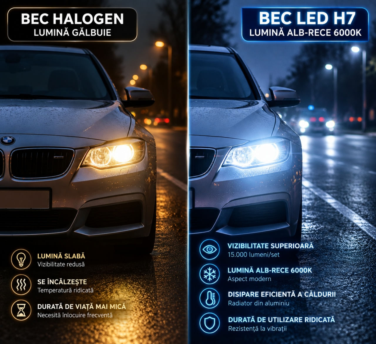 Set 2 becuri LED W H7 120W, 15000Lm, 12V, 6000K, lumina alb-rece