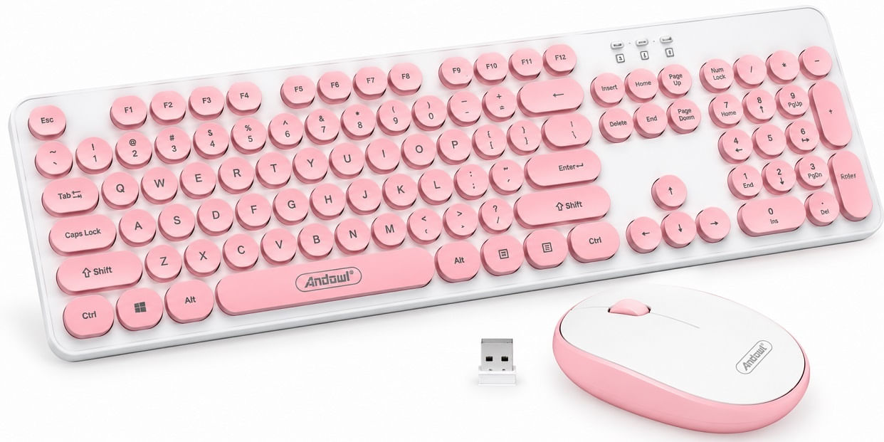 Kit tastatura si mouse Wireless, Universale, Roz-Alb