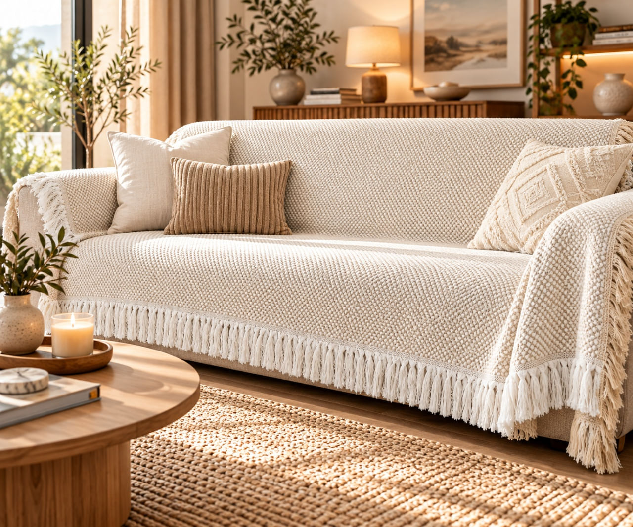 Cuvertura decorativa pentru canapea cu doua locuri, cu franjuri albe, 230x180 cm, crem/alb